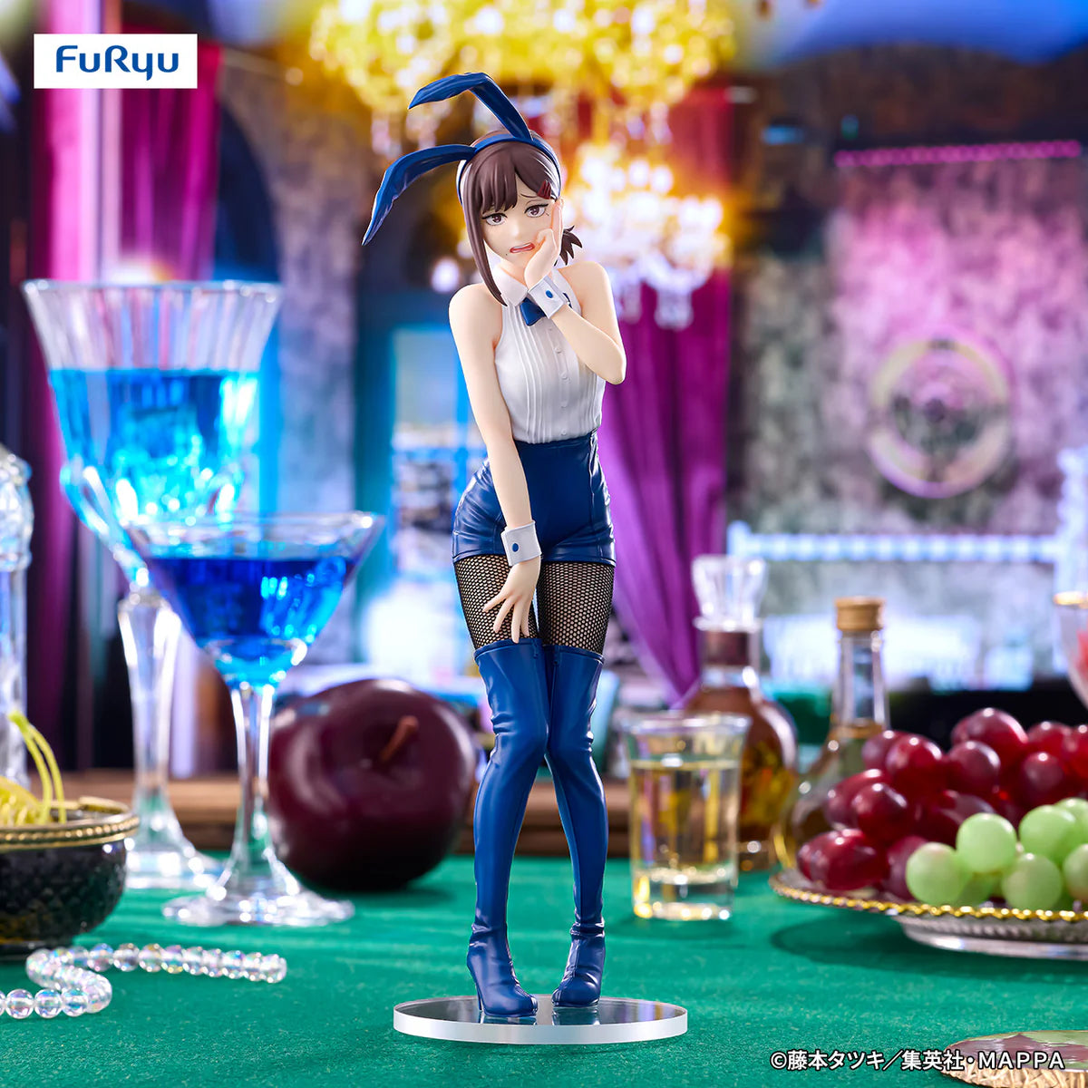 Figure of a character with bunny ears in a colorful setting with drinks and fruit Chainsaw Man Kobeni Higashiyama Authentic 24cm BiCute Bunnies Figure – Real Fabric Fishnet Tuxedo Costume Statue by FuRyu