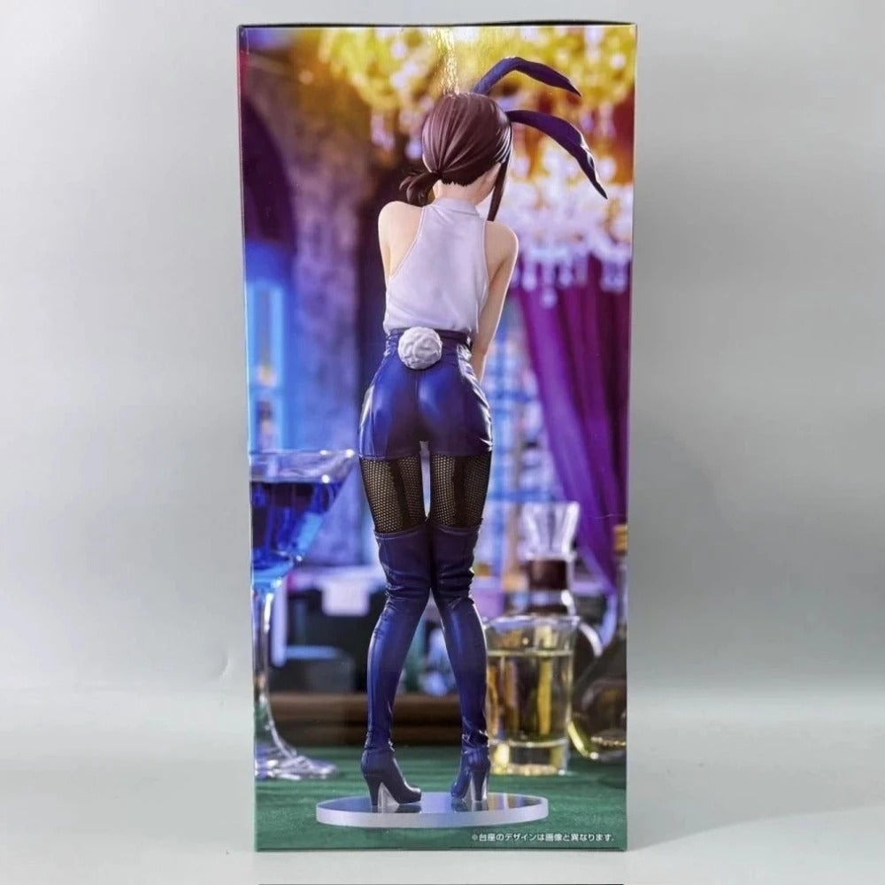Product packaging with a stylized figure of a person in a dynamic pose, wearing a white top and blue pants. Chainsaw Man Kobeni Higashiyama Authentic 24cm BiCute Bunnies Figure – Real Fabric Fishnet Tuxedo Costume Statue by FuRyu box