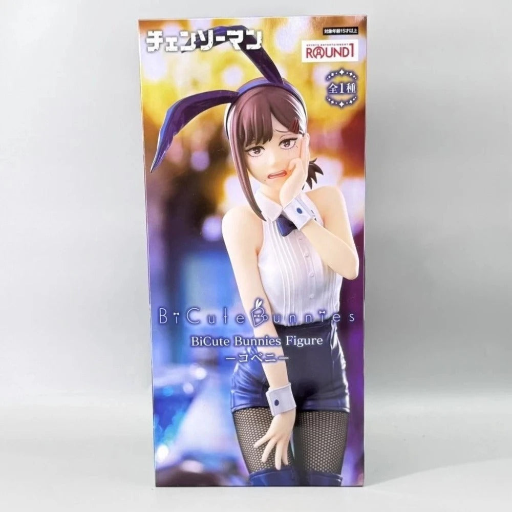 Boxed figure of a character in bunny costume with branding on a gradient background Chainsaw Man Kobeni Higashiyama Authentic 24cm BiCute Bunnies Figure – Real Fabric Fishnet Tuxedo Costume Statue by FuRyu
