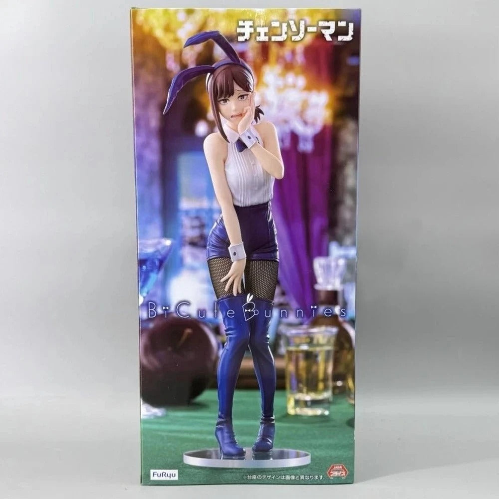 Boxed figure of a character in bunny ears and outfit with 'B+ Cute Bunnies' branding. Chainsaw Man Kobeni Higashiyama Authentic 24cm BiCute Bunnies Figure – Real Fabric Fishnet Tuxedo Costume Statue by FuRyu box side