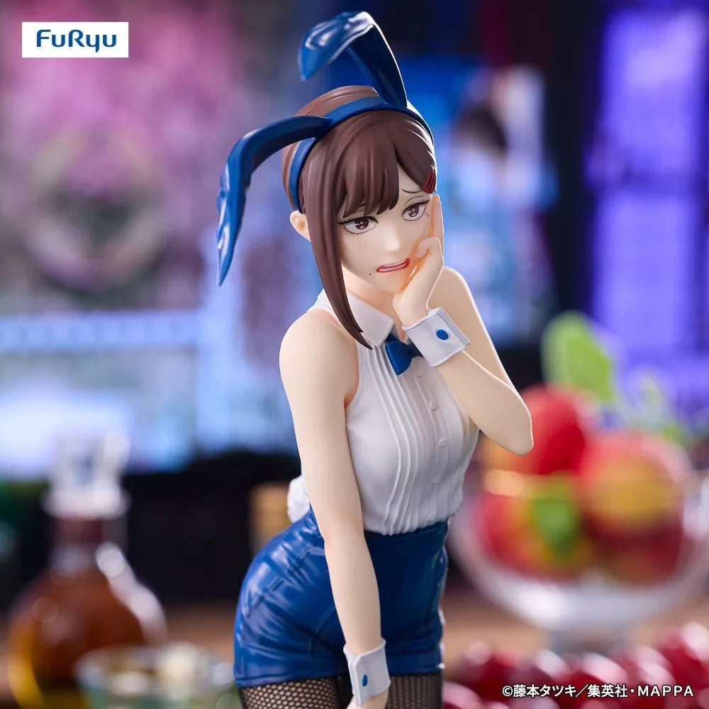 Anime character figurine with blue hair and outfit, sitting on a table with fruits and drinks, brand 'Furyu' visible. Chainsaw Man Kobeni Higashiyama Authentic 24cm BiCute Bunnies Figure – Real Fabric Fishnet Tuxedo Costume Statue by FuRyu closeup