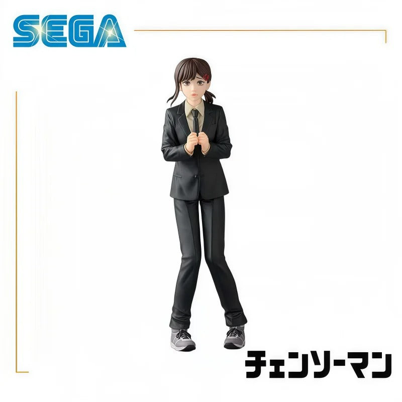 Figure of a person in a black suit with Sega logo above Chainsaw Man Kobeni Higashiyama Authentic Figure – Public Safety Devil Hunter Character Statue by SEGA