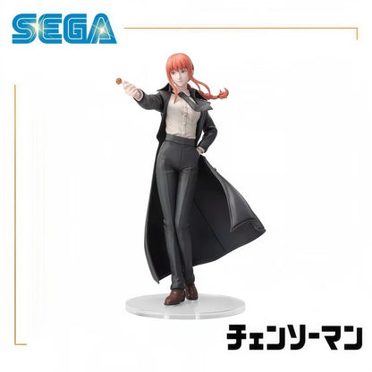 Action figure with a long coat and red hair on a white background, featuring the Sega logo. Chainsaw Man Makima Authentic 22cm Luminasta Figure – Iconic Lollipop Pose Public Safety Control Devil Statue by SEGA