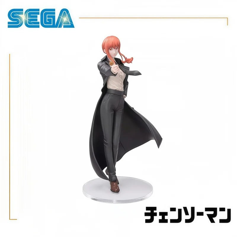 Figure of a character from an anime or manga with a black coat and red hair, standing on a white base with Sega logo above. Chainsaw Man Makima Authentic 22cm Luminasta Figure – Iconic Lollipop Pose Public Safety Control Devil Statue by SEGA front