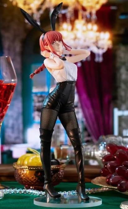 Statue of a character with bunny ears and black high heels on a table with drinks and fruit. Chainsaw Man Makima Authentic 30cm BiCute Bunnies Figure – Real Fabric Fishnet Tuxedo Costume Statue by FuRyu