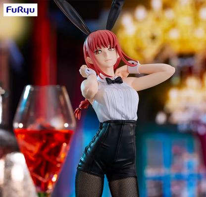 Anime figurine with red hair and a bow tie in front of a blurred background with a glass of red liquid. Chainsaw Man Makima Authentic 30cm BiCute Bunnies Figure – Real Fabric Fishnet Tuxedo Costume Statue by FuRyu