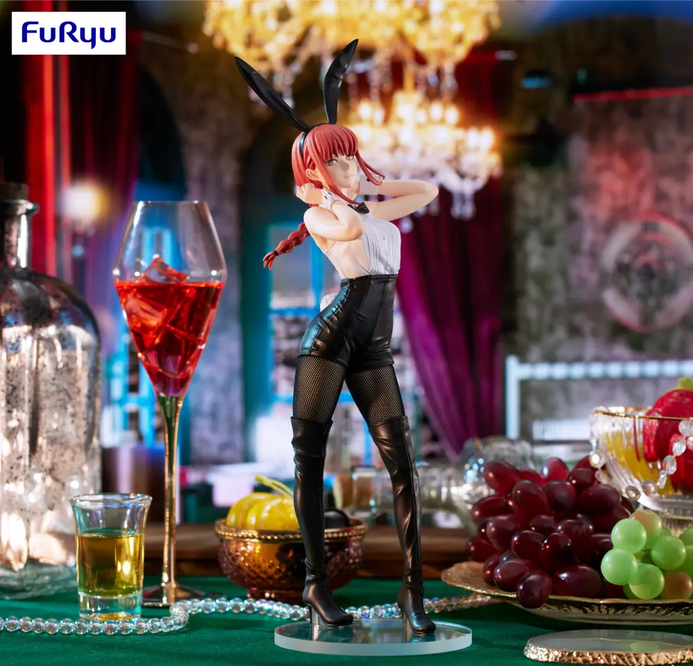 Figurine of a character with red hair and black outfit on a table with drinks and fruit, brand 'Furyu' visible. Chainsaw Man Makima Authentic 30cm BiCute Bunnies Figure – Real Fabric Fishnet Tuxedo Costume Statue by FuRyu