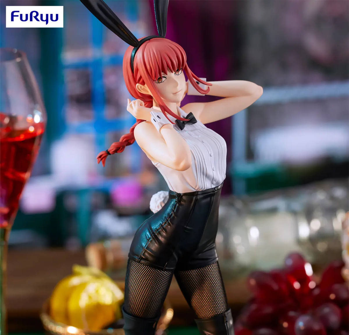 Anime character figurine with red hair and bunny ears in a casual setting with a blurred background. Chainsaw Man Makima Authentic 30cm BiCute Bunnies Figure – Real Fabric Fishnet Tuxedo Costume Statue by FuRyu