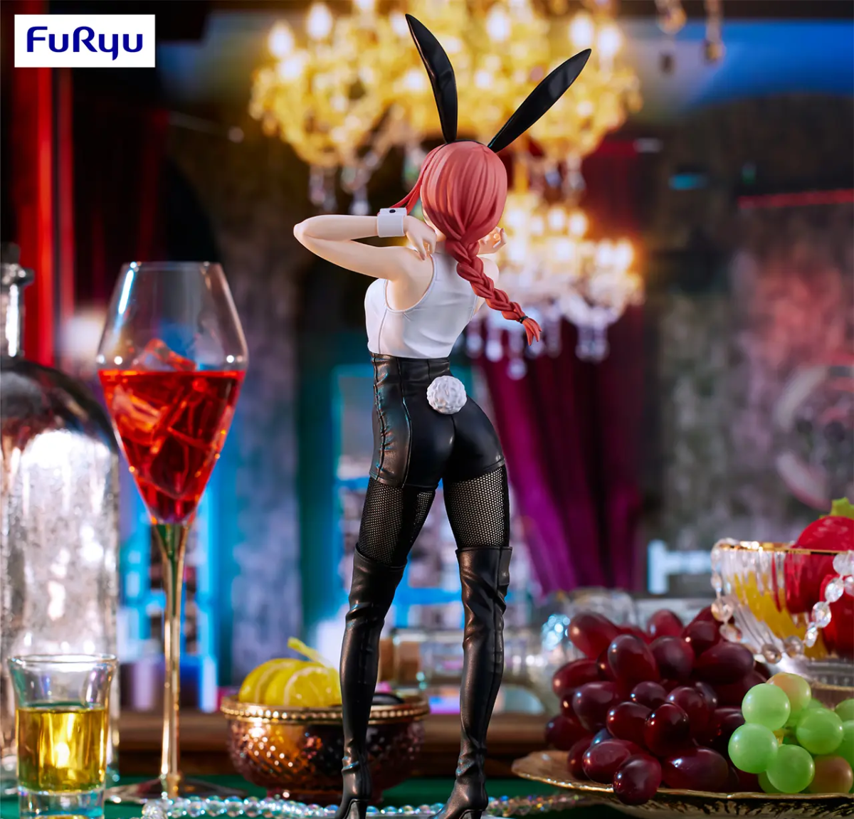 Figure with bunny ears in a festive setting with drinks and fruits. Chainsaw Man Makima Authentic 30cm BiCute Bunnies Figure – Real Fabric Fishnet Tuxedo Costume Statue by FuRyu back