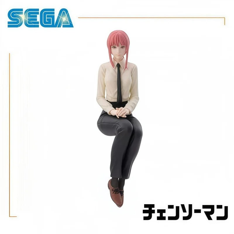 Figure of a character with pink hair and a tie, sitting on a white background with Sega logo. Chainsaw Man Makima Authentic Chokonose Premium Sitting Figure – Public Safety Sofa Pose Character Statue by SEGA front