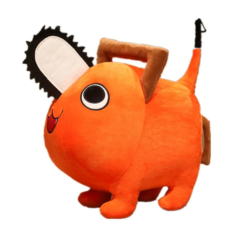 Orange plush toy with a chainsaw on a white background. Chainsaw Man Pochita Premium Plush Toy