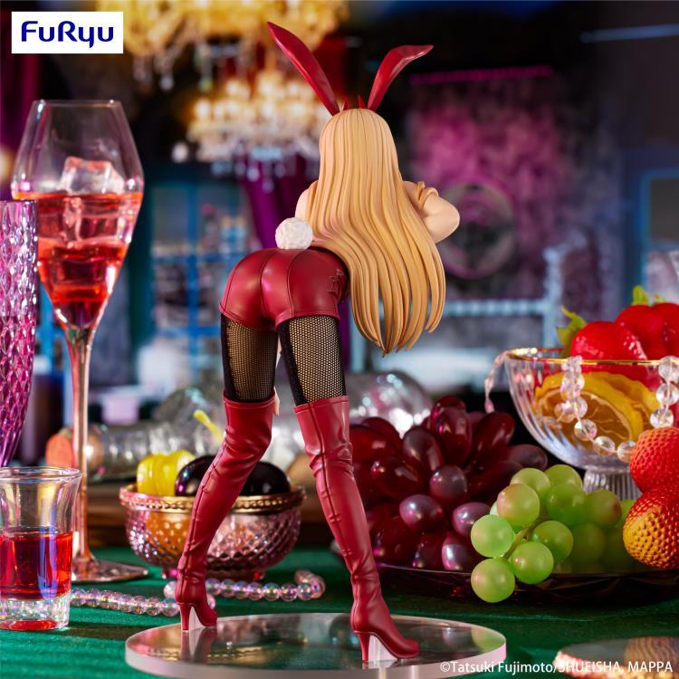 Figurine of a character with bunny ears on a table with drinks and fruits, Fur Ryu brand visible Chainsaw Man Power Authentic 25cm BiCute Bunnies Figure – Real Fabric Fishnet Tuxedo Costume Statue by FuRyu