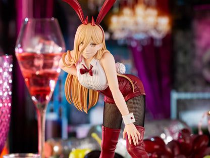 Anime character figurine in bunny costume with a glass of red wine. Chainsaw Man Power Authentic 25cm BiCute Bunnies Figure – Real Fabric Fishnet Tuxedo Costume Statue by FuRyu