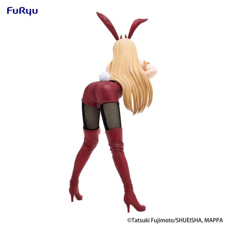 Figure in a red outfit with bunny ears on a white background, branded with Furyu. Chainsaw Man Power Authentic 25cm BiCute Bunnies Figure – Real Fabric Fishnet Tuxedo Costume Statue by FuRyu