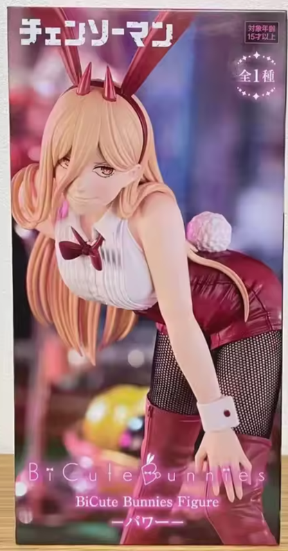 Figure of a character in a bunny costume with a blurred background Chainsaw Man Power Authentic 25cm BiCute Bunnies Figure – Real Fabric Fishnet Tuxedo Costume Statue by FuRyu box