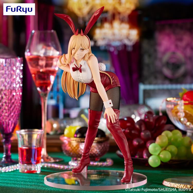 Anime character figurine with bunny ears on a table Chainsaw Man Power Authentic 25cm BiCute Bunnies Figure – Real Fabric Fishnet Tuxedo Costume Statue by FuRyu