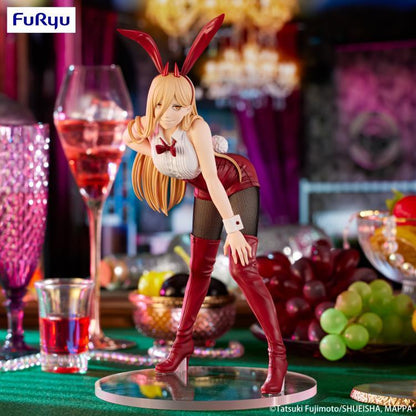 Anime character figurine with bunny ears on a table Chainsaw Man Power Authentic 25cm BiCute Bunnies Figure – Real Fabric Fishnet Tuxedo Costume Statue by FuRyu