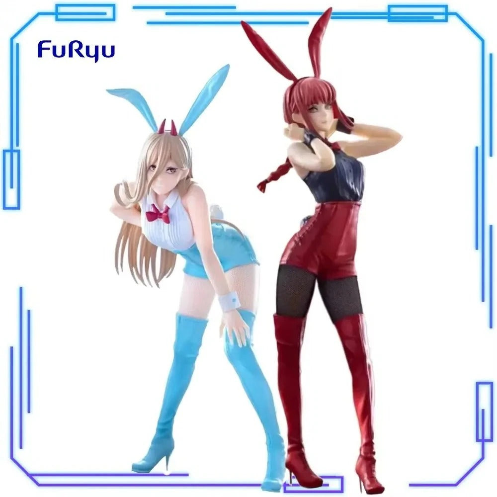Two anime-style figures with bunny ears on a white background, featuring the brand 'Furyu'. Chainsaw Man Power (Light Blue Ver.) & Makima (Red Ver.) Authentic BiCute Bunnies Figures – Real Fabric Fishnet Special Edition Individual Selection / Twin Pack Statue by FuRyu