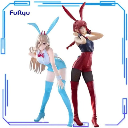 Two anime-style figures with bunny ears on a white background, featuring the brand 'Furyu'. Chainsaw Man Power (Light Blue Ver.) & Makima (Red Ver.) Authentic BiCute Bunnies Figures – Real Fabric Fishnet Special Edition Individual Selection / Twin Pack Statue by FuRyu