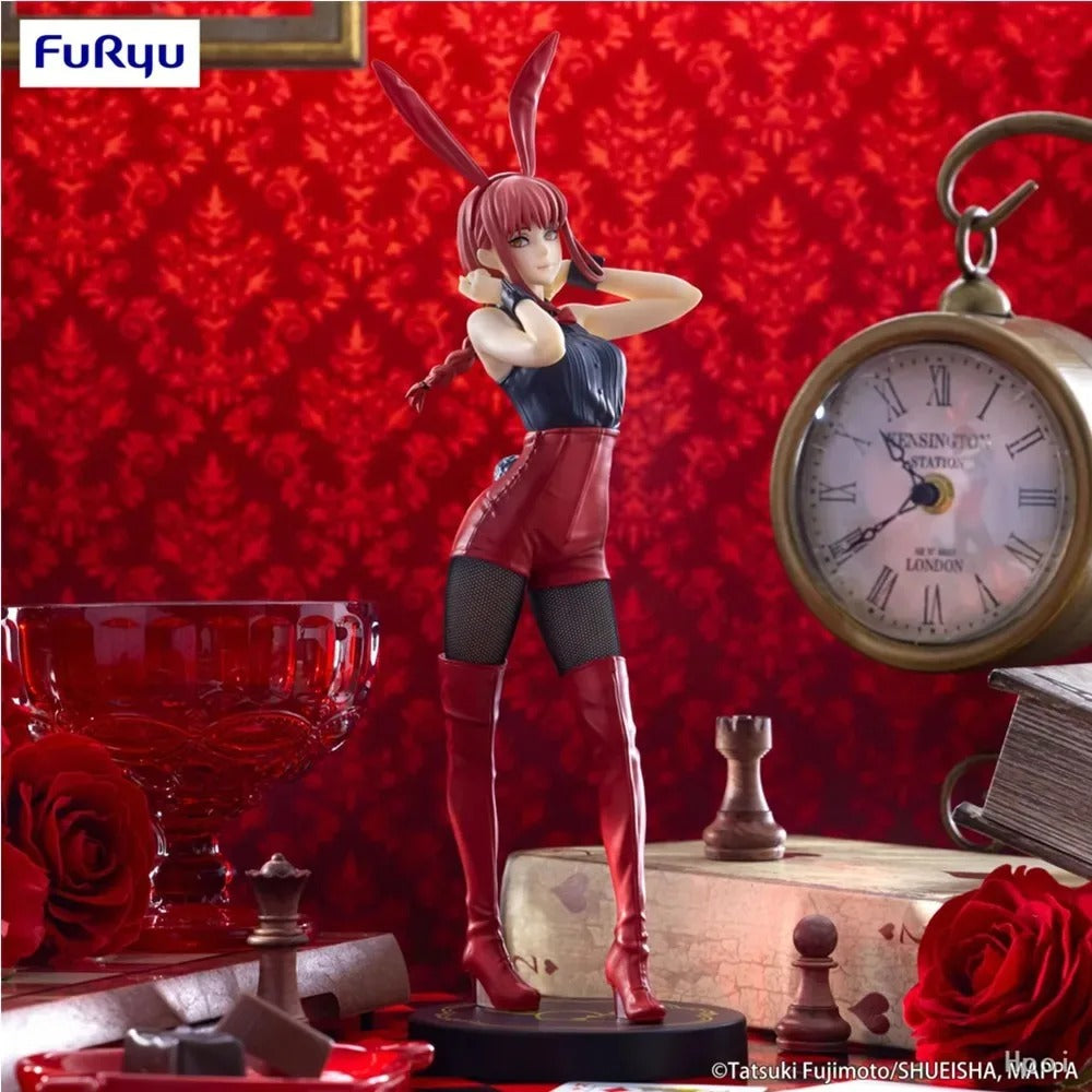 Figurine of a character with rabbit ears against a red patterned background, with Furryu logo. Chainsaw Man Power (Light Blue Ver.) & Makima (Red Ver.) Authentic BiCute Bunnies Figures – Real Fabric Fishnet Special Edition Individual Selection / Twin Pack Statue by FuRyu Makima red