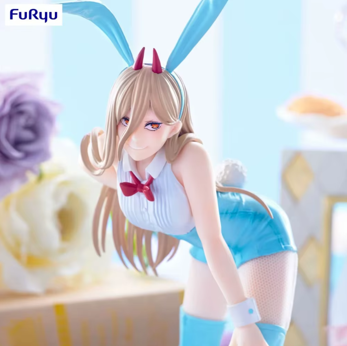 Anime character figurine with bunny ears and horns in a blue and white outfit, brand 'Furyu' visible. Chainsaw Man Power (Light Blue Ver.) & Makima (Red Ver.) Authentic BiCute Bunnies Figures – Real Fabric Fishnet Special Edition Individual Selection / Twin Pack Statue by FuRyu close up