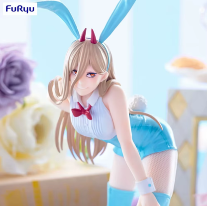 Anime character figurine with bunny ears and horns in a blue and white outfit, brand 'Furyu' visible. Chainsaw Man Power (Light Blue Ver.) & Makima (Red Ver.) Authentic BiCute Bunnies Figures – Real Fabric Fishnet Special Edition Individual Selection / Twin Pack Statue by FuRyu close up
