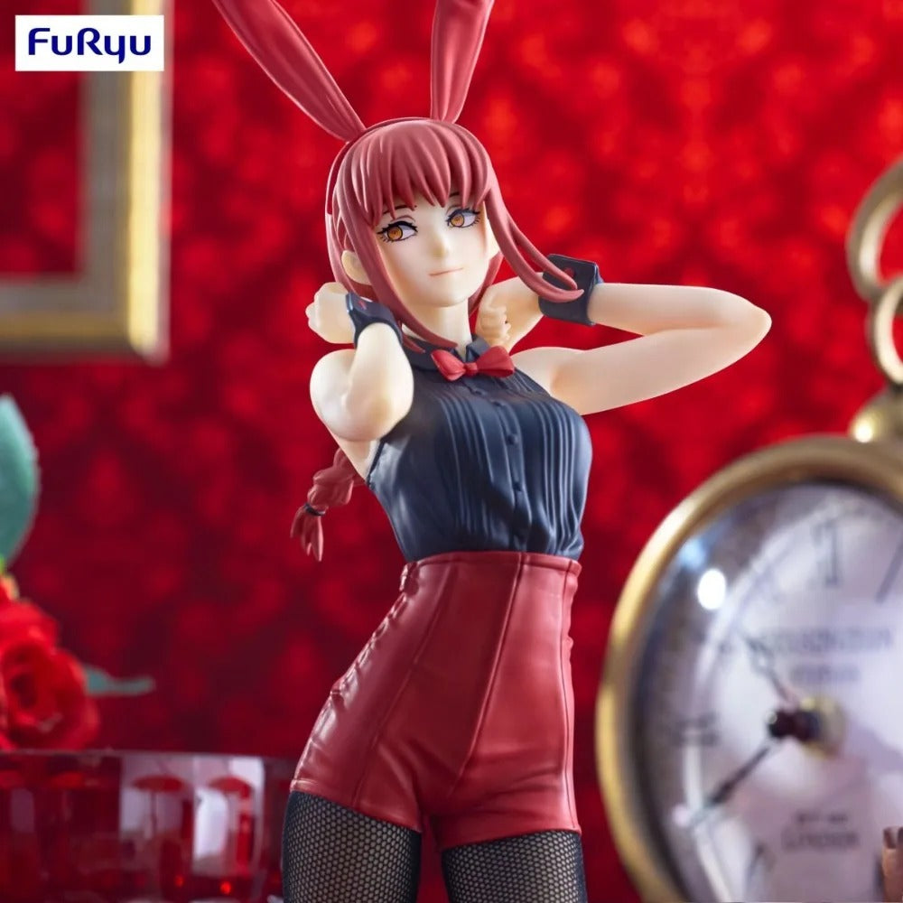 Figure with bunny ears and red hair in a stylized setting with 'Furyu' branding. Chainsaw Man Power (Light Blue Ver.) & Makima (Red Ver.) Authentic BiCute Bunnies Figures – Real Fabric Fishnet Special Edition Individual Selection / Twin Pack Statue by FuRyu close up makima