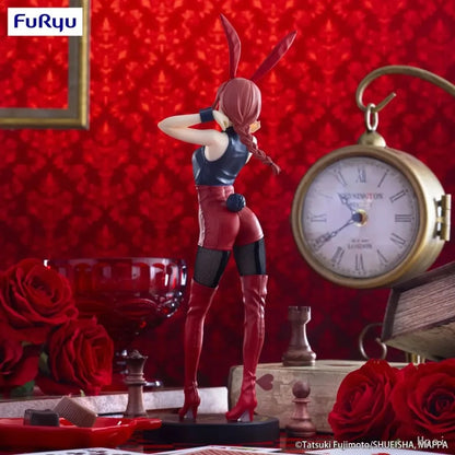 Figurine of a character with bunny ears in a decorative setting with roses and a clock. Chainsaw Man Power (Light Blue Ver.) & Makima (Red Ver.) Authentic BiCute Bunnies Figures – Real Fabric Fishnet Special Edition Individual Selection / Twin Pack Statue by FuRyu makima red