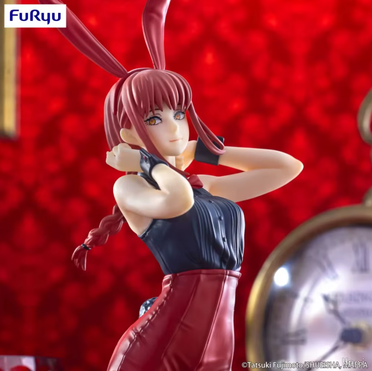 Figure with bunny ears against a red background, featuring the Furyu brand. Chainsaw Man Power (Light Blue Ver.) & Makima (Red Ver.) Authentic BiCute Bunnies Figures – Real Fabric Fishnet Special Edition Individual Selection / Twin Pack Statue by FuRyu makima lose up