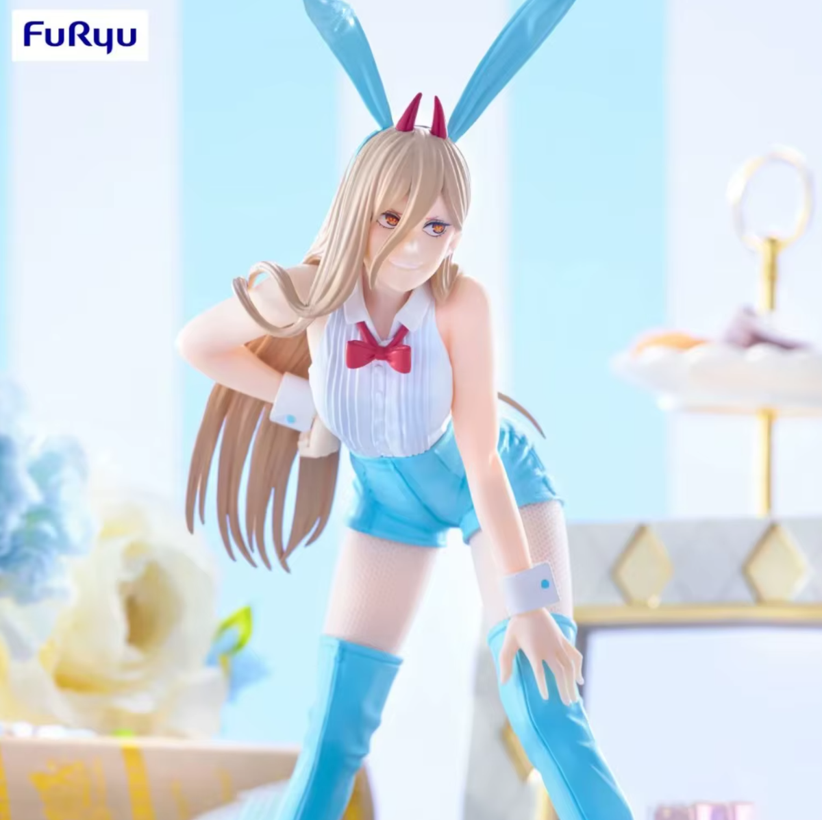 Anime character figurine with bunny ears and a cake in the background, featuring the brand 'Fur Ryu'. Chainsaw Man Power (Light Blue Ver.) & Makima (Red Ver.) Authentic BiCute Bunnies Figures – Real Fabric Fishnet Special Edition Individual Selection / Twin Pack Statue by FuRyu power close up
