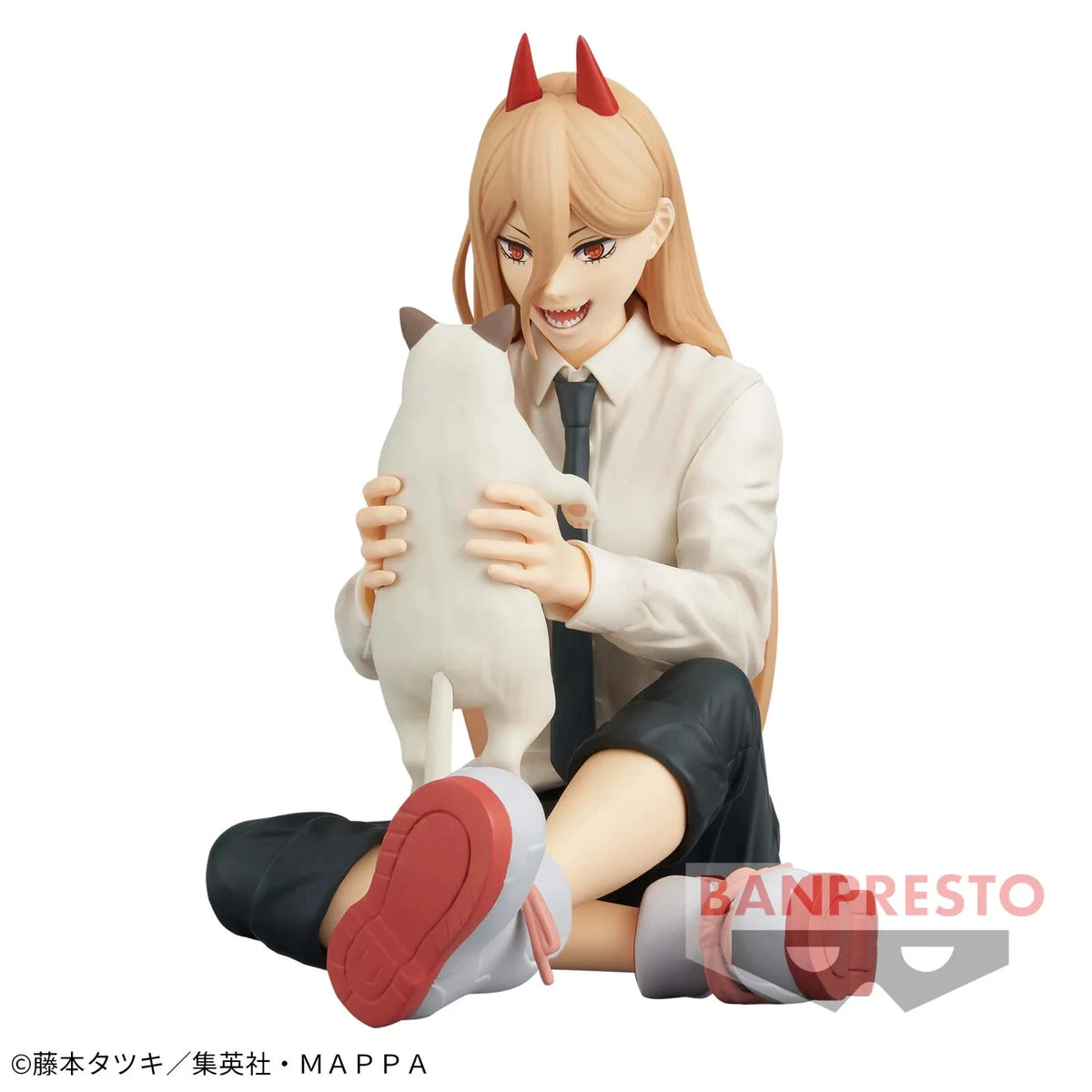 Figure of a character with devil horns holding a cat plush toy, sitting on a white background with Banpresto logo. Chainsaw Man Power & Meowy Authentic Break Time Collection Vol.2 Fixed-Pose Collectible Figure by Bandai Banpresto