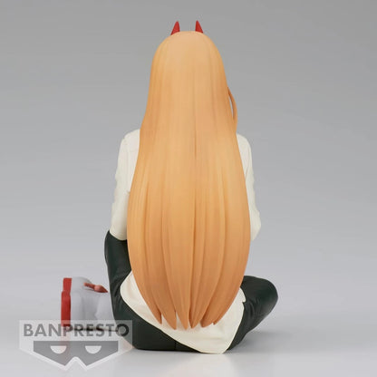 Anime character figurine with long blonde hair and red horns on a gray background, featuring the Banpresto logo. Chainsaw Man Power & Meowy Authentic Break Time Collection Vol.2 Fixed-Pose Collectible Figure by Bandai Banpresto back