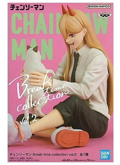 Product packaging for 'Chairow Man' with a character holding a cat-like creature on a pink background. Chainsaw Man Power & Meowy Authentic Break Time Collection Vol.2 Fixed-Pose Collectible Figure by Bandai Banpresto back