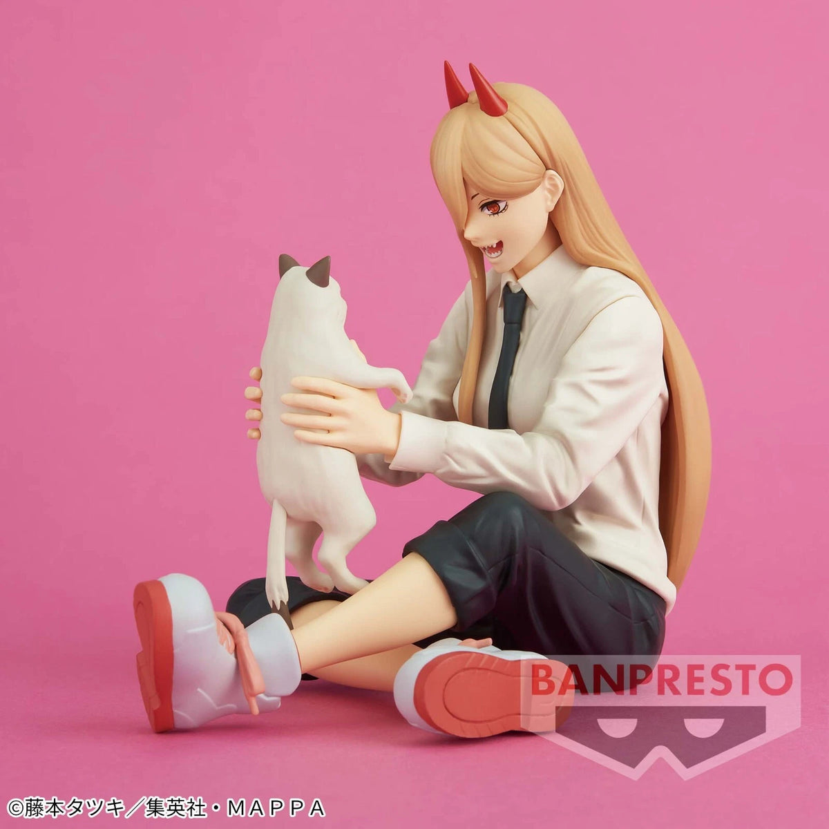 Figure of a character with horns holding a dog, sitting on a pink background with Banpresto logo. Chainsaw Man Power & Meowy Authentic Break Time Collection Vol.2 Fixed-Pose Collectible Figure by Bandai Banpresto