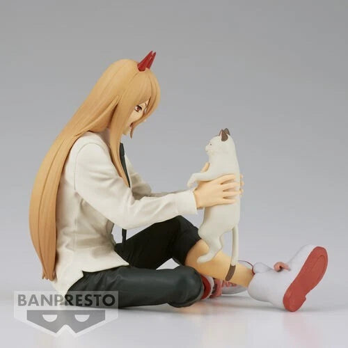 Figure of a character with long blonde hair and horns holding a cat, sitting on a gray background with 'BANPRESTO' branding. Chainsaw Man Power & Meowy Authentic Break Time Collection Vol.2 Fixed-Pose Collectible Figure by Bandai Banpresto side