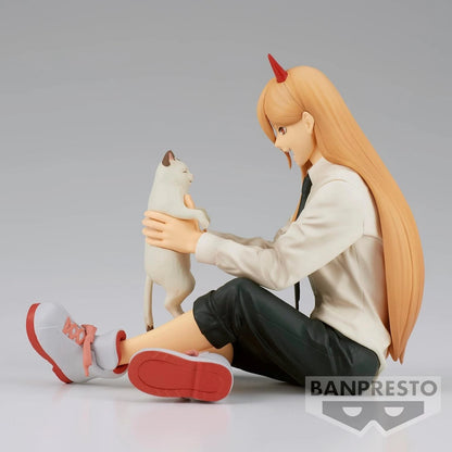 Figure of a person with long hair and red horns sitting on the ground holding a white cat, with 'BANPRESTO' branding. Chainsaw Man Power & Meowy Authentic Break Time Collection Vol.2 Fixed-Pose Collectible Figure by Bandai Banpresto side