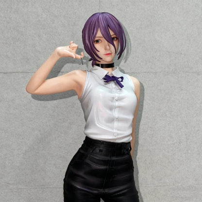 Person with purple hair wearing a white blouse and black pants against a gray background Chainsaw Man Reze Authentic 1/6 Scale 32cm Premium PVC Statue – Bomb Devil Arc Exquisite Standing Figure with Bonus Standalone Display Bust