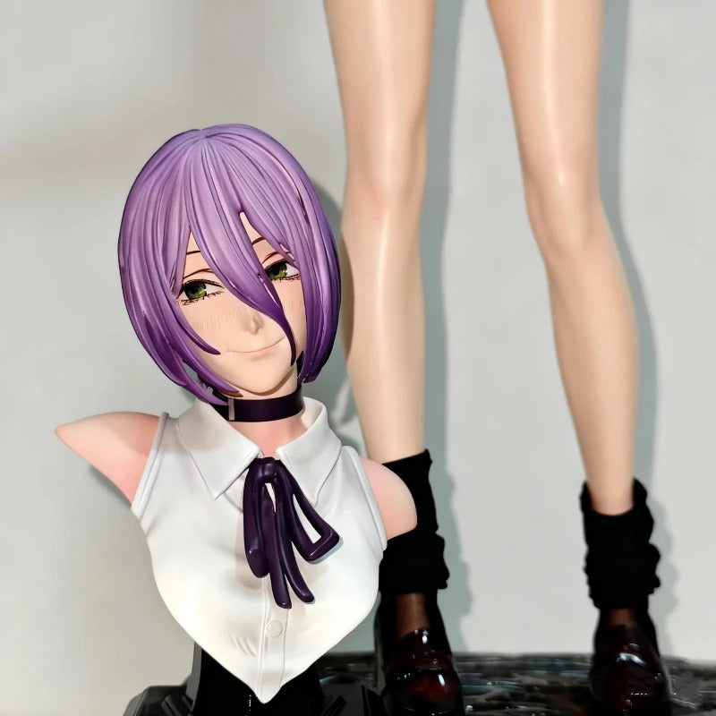Anime character figurine with purple hair and white shirt on a plain background Chainsaw Man Reze Authentic 1/6 Scale 32cm Premium PVC Statue – Bomb Devil Arc Exquisite Standing Figure with Bonus Standalone Display Bust head