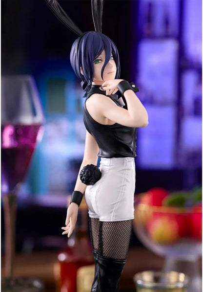 Figurine of a character in a black top and white shorts with a blurred. Chainsaw Man Reze Authentic 27cm BiCute Bunnies Figure – Real Fabric Fishnet Tuxedo Costume Movie Statue by FuRyu background