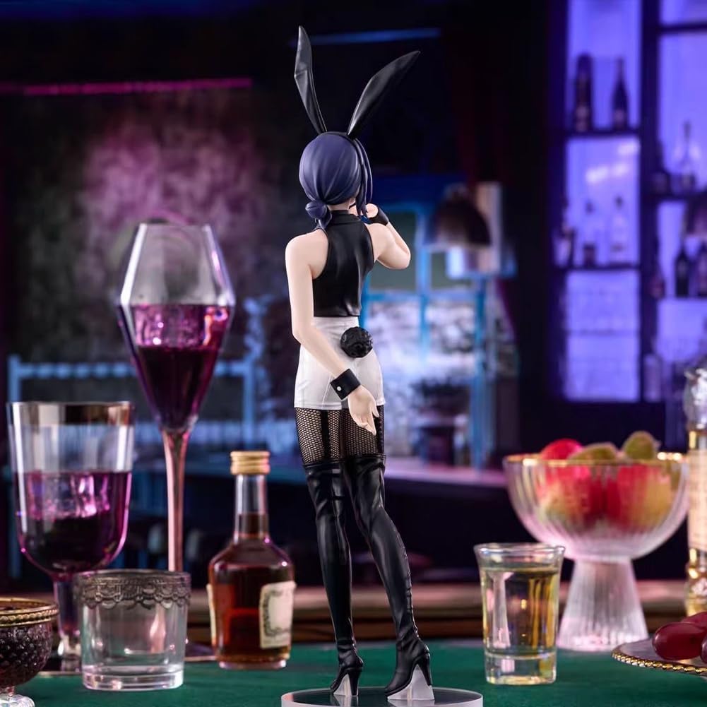 Figurine of a character with bunny ears on a bar counter with drinks and snacks. Chainsaw Man Reze Authentic 27cm BiCute Bunnies Figure – Real Fabric Fishnet Tuxedo Costume Movie Statue by FuRyu back