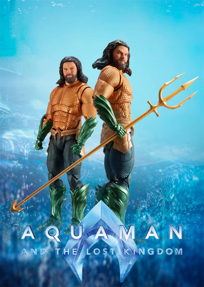 Action figure of Aquaman with a trident against a blue background with 'Aquaman and the Lost Kingdom' text. DC Comics Aquaman (Justice League / Lost Kingdom Edition) 1/9 Scale Premium Action Figure by FondJoy