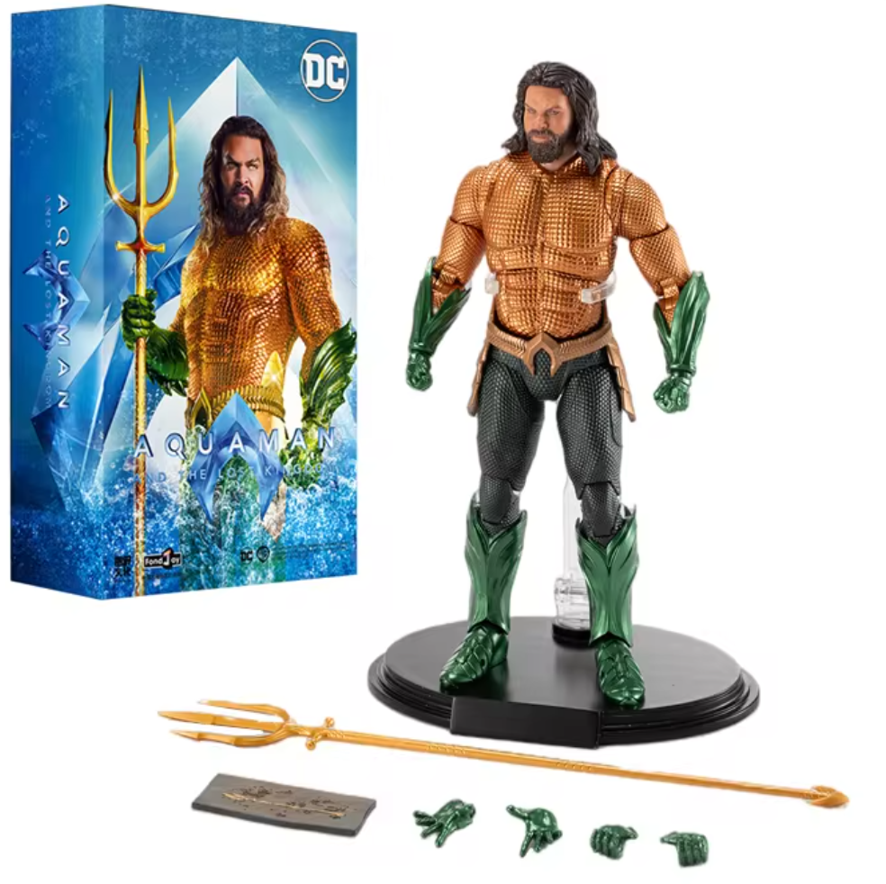 Aquaman action figure with accessories and packaging on a white background DC Comics Aquaman (Justice League / Lost Kingdom Edition) 1/9 Scale Premium Action Figure by FondJoy