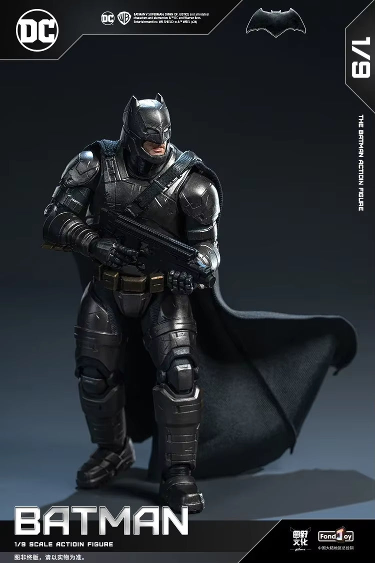 Batman action figure with a dark background and DC logo. DC Comics Armored Batman (Batman v Superman Edition) 1/9 Scale Premium Action Figure by FondJoy