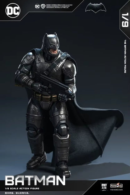 Batman action figure with a dark background and DC logo. DC Comics Armored Batman (Batman v Superman Edition) 1/9 Scale Premium Action Figure by FondJoy