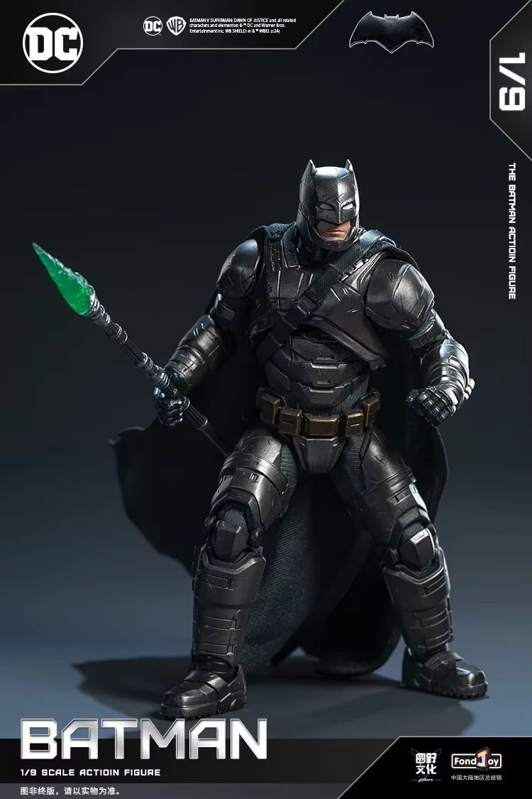 Batman action figure with a dark background and DC logo. DC Comics Armored Batman (Batman v Superman Edition) 1/9 Scale Premium Action Figure by FondJoy