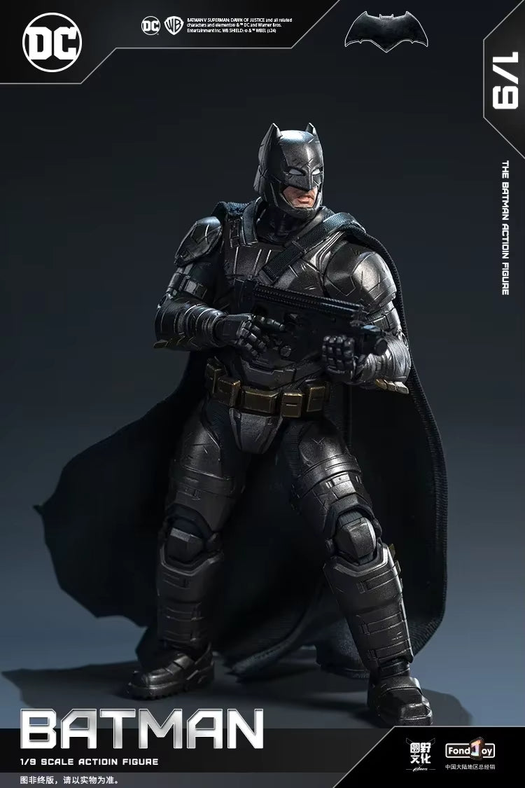 Batman action figure with tactical gear on a dark background, featuring DC Comics logo. DC Comics Armored Batman (Batman v Superman Edition) 1/9 Scale Premium Action Figure by FondJoy