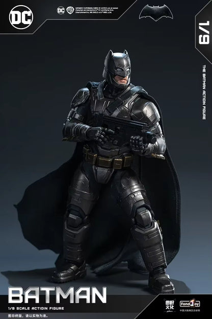 Batman action figure with tactical gear on a dark background, featuring DC Comics logo. DC Comics Armored Batman (Batman v Superman Edition) 1/9 Scale Premium Action Figure by FondJoy