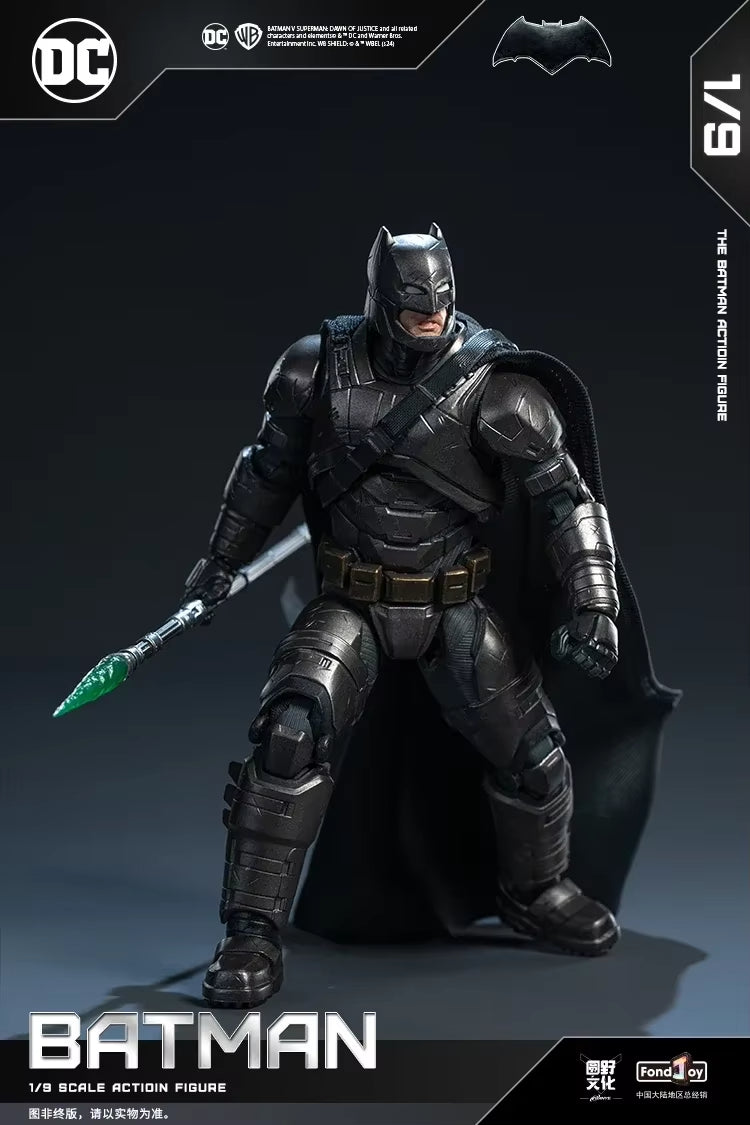 Batman action figure with a spear, standing on a dark background with DC branding. DC Comics Armored Batman (Batman v Superman Edition) 1/9 Scale Premium Action Figure by FondJoy