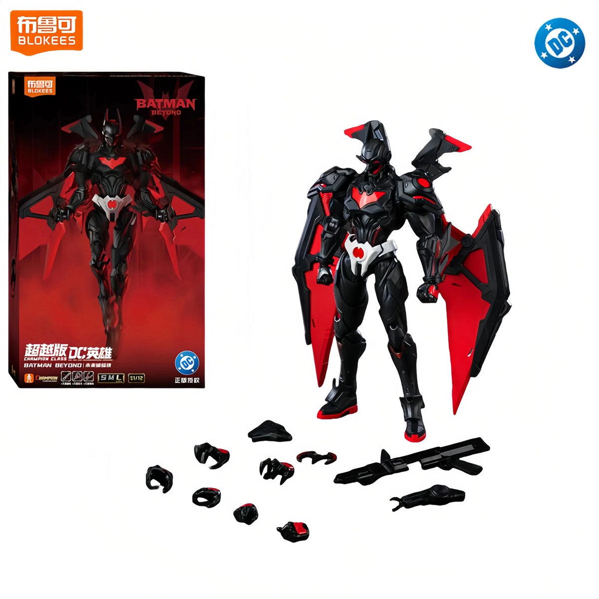 Black and red superhero action figure with accessories and packaging on a white background DC Comics Batman Beyond (Shining Version) 1/12 Scale Precision Assembly Figure by Blokees