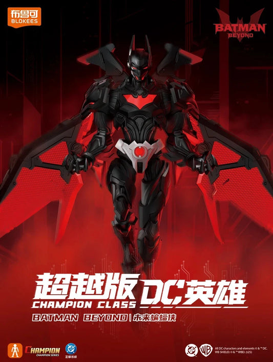 Batman action figure with red and black design on a red background, featuring Blokeses branding. DC Comics Batman Beyond (Shining Version) 1/12 Scale Precision Assembly Figure by Blokees